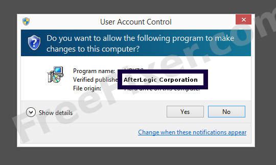 Screenshot where AfterLogic Corporation appears as the verified publisher in the UAC dialog